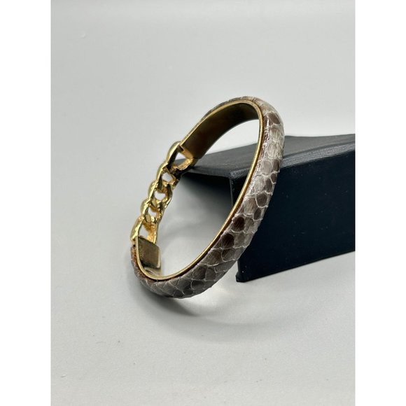 Vintage Gray Snakeskin Bracelet 1980s 1990s Gold Tone Chain Hinged Bracelet - Picture 6 of 7